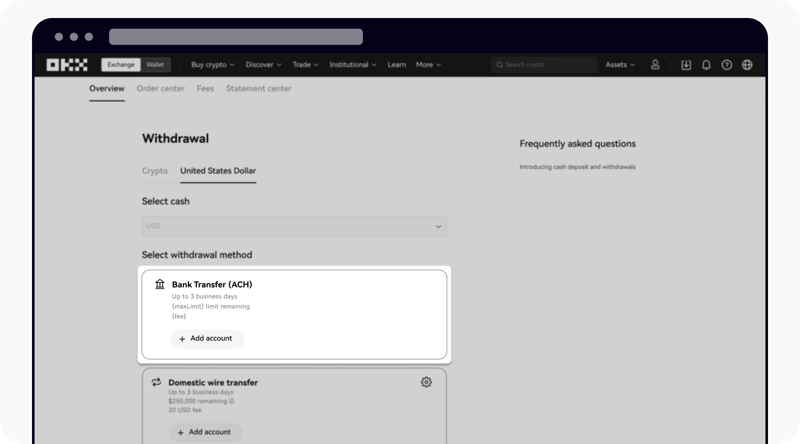 Select ACH as cash withdrawal method on OKX web