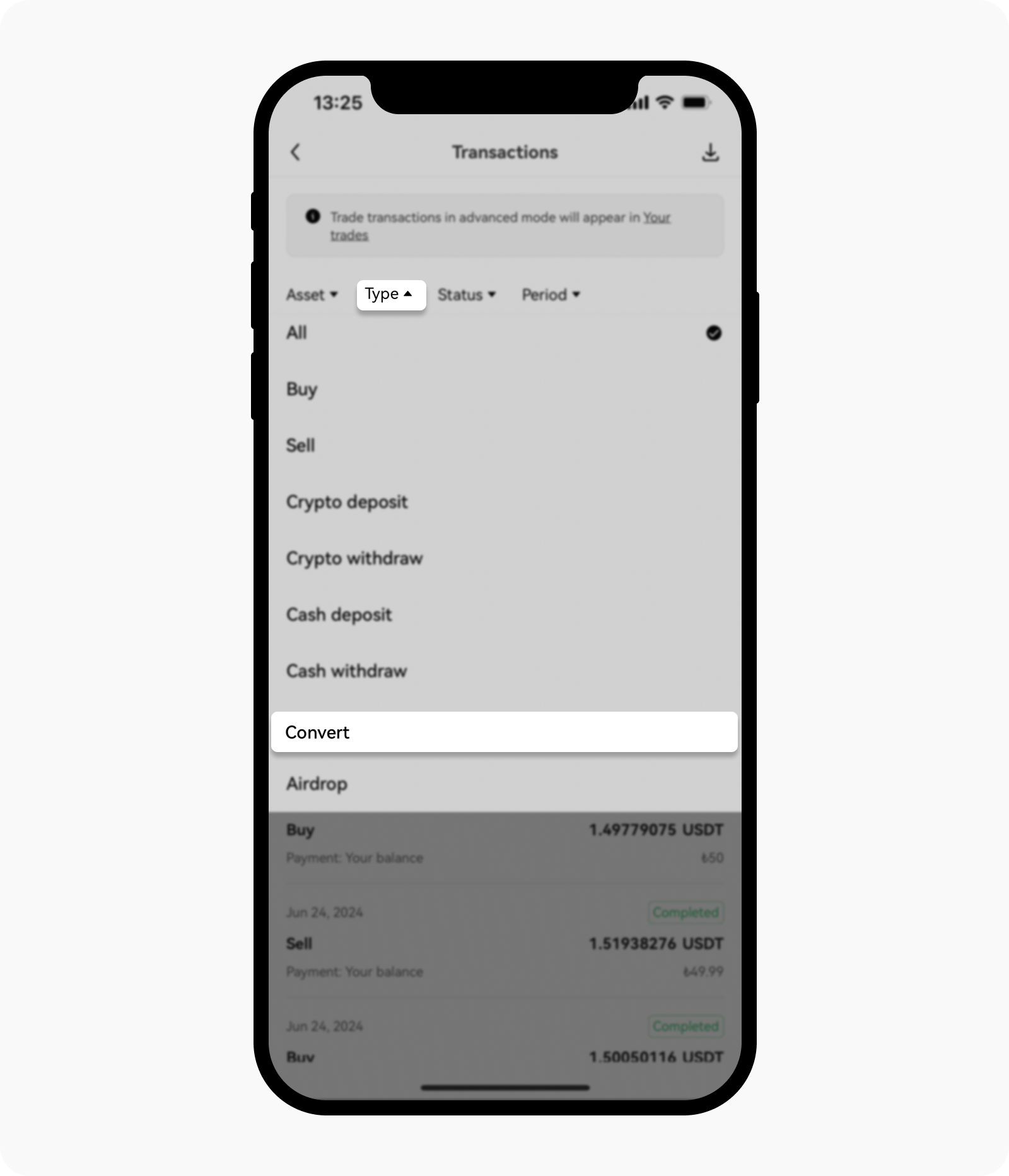 Filter convert history on OKX TR app