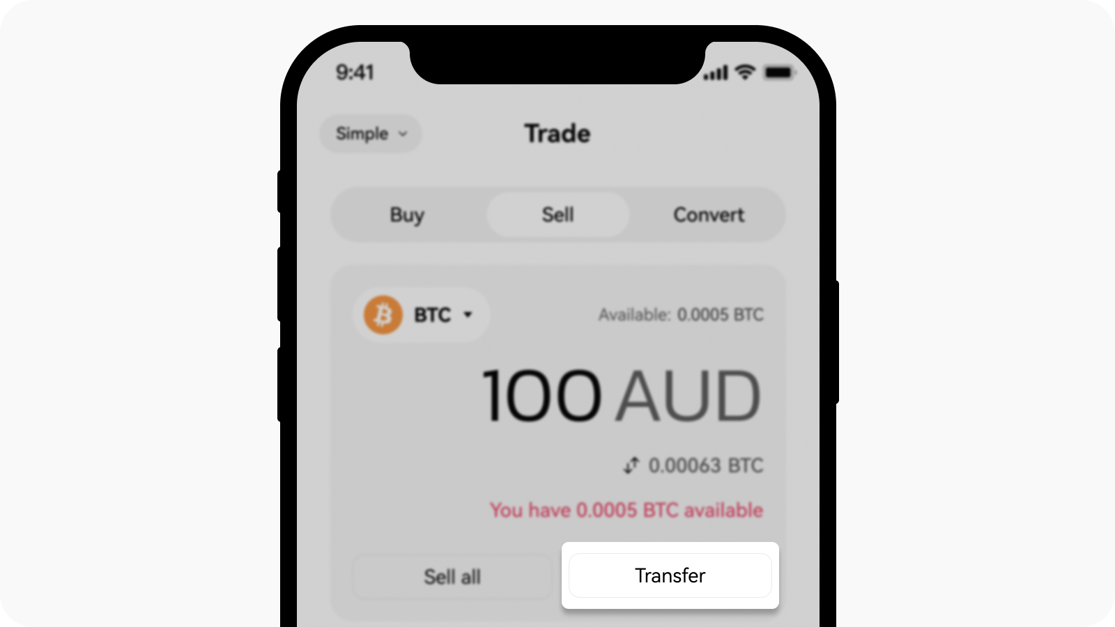 Transfer AUD balance from funding to trading account to sell crypto on OKX app