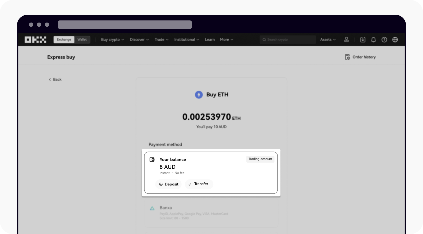 Select AUD balance to buy/sell crypto on OKX web