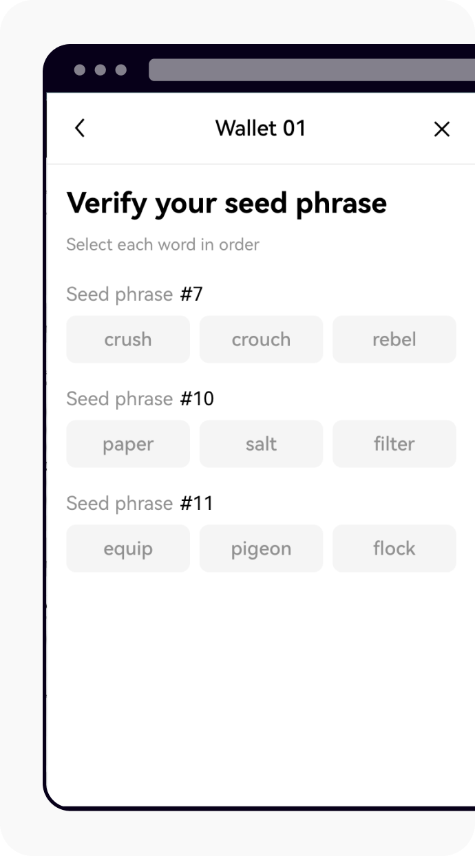 Verify seed phrase to complete the backup wallet process