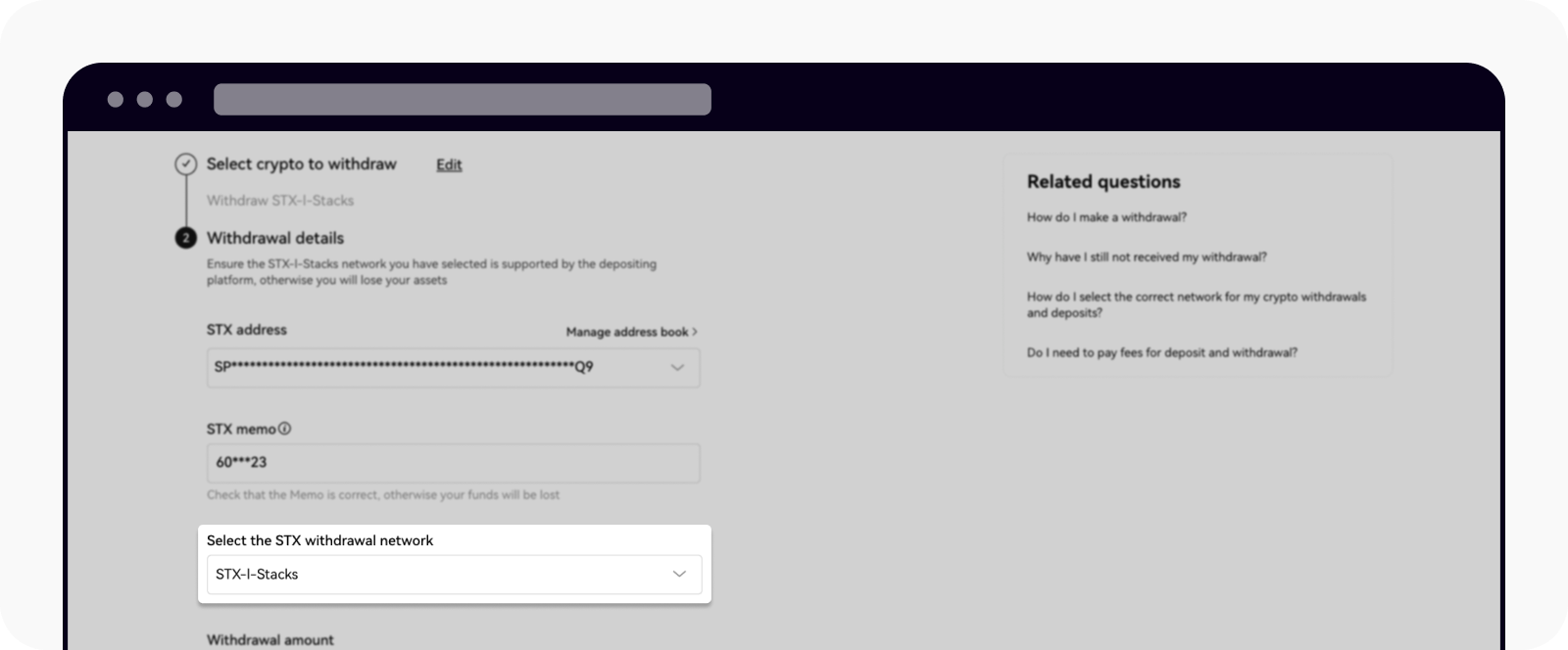 Select the token network supported by the corresponding platform on OKX web