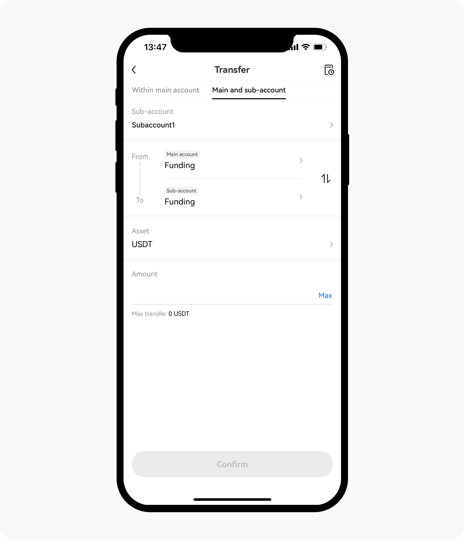 Complete sub-account transfer details on app