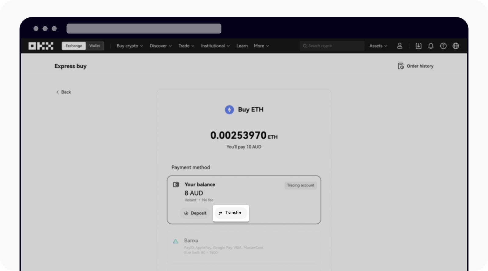 Select Transfer AUD to buy crypto on OKX app