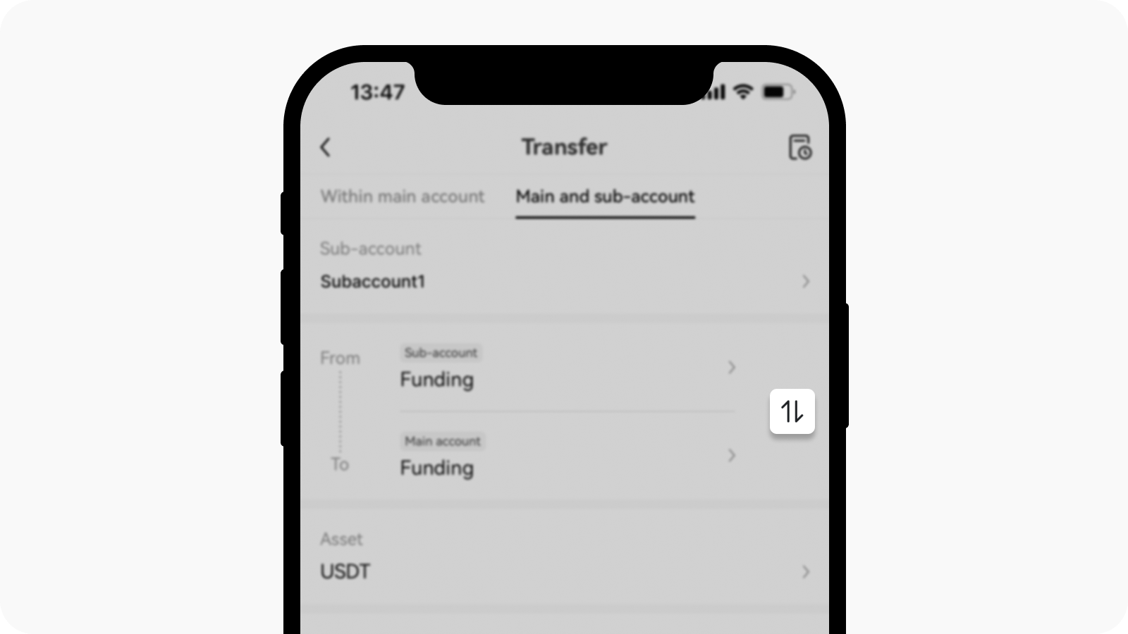 Switch to transfer fund from sub-account to main account on app