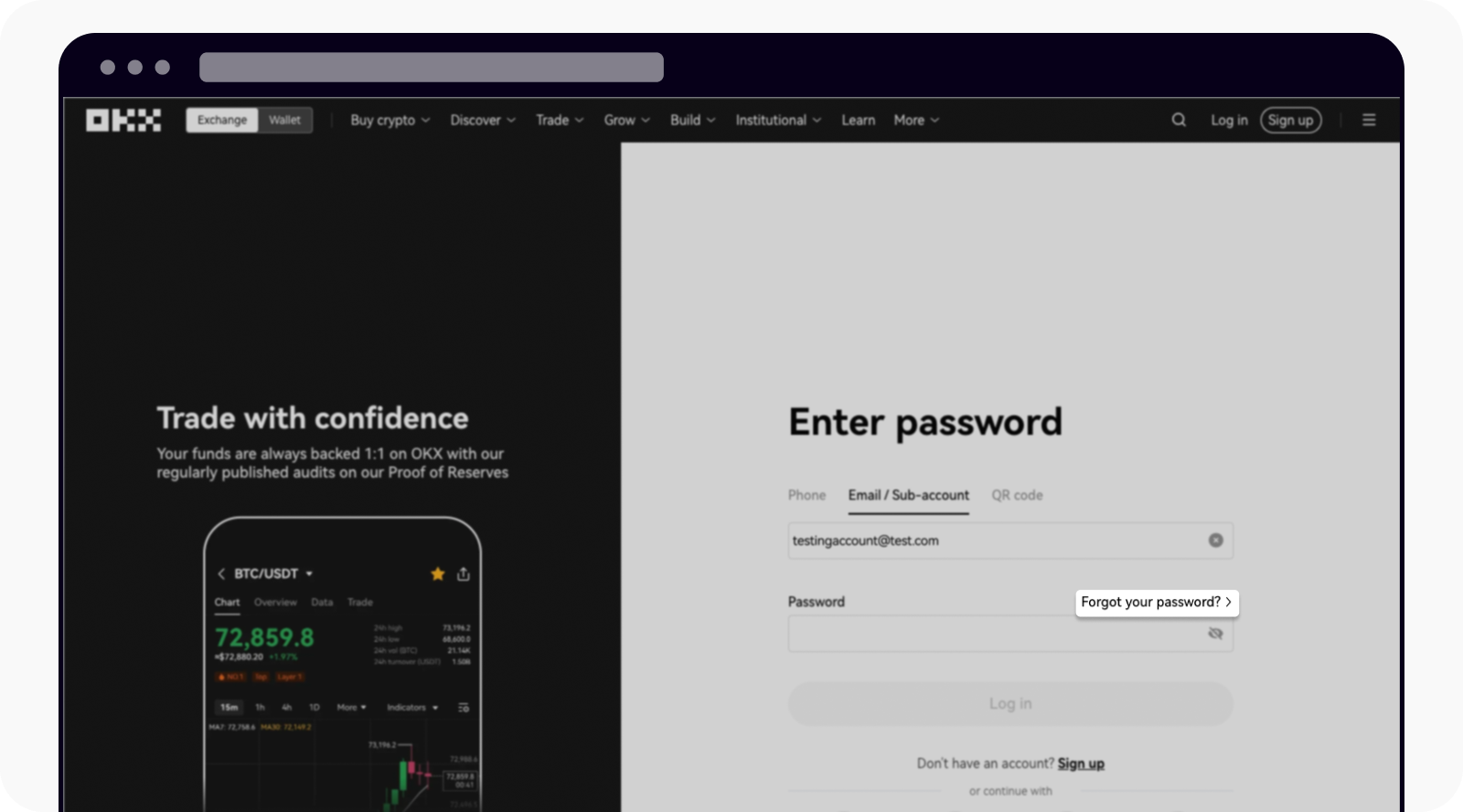 Opening the OKX login page