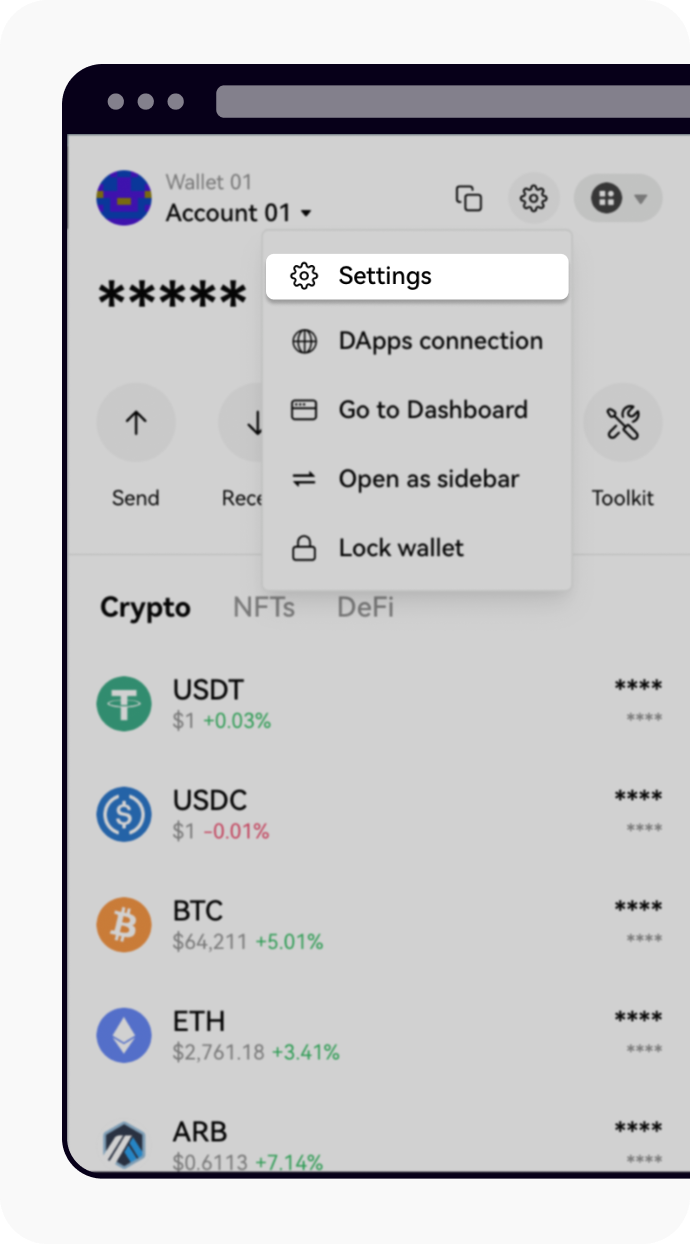 Open settings page on OKX web3 extension wallet