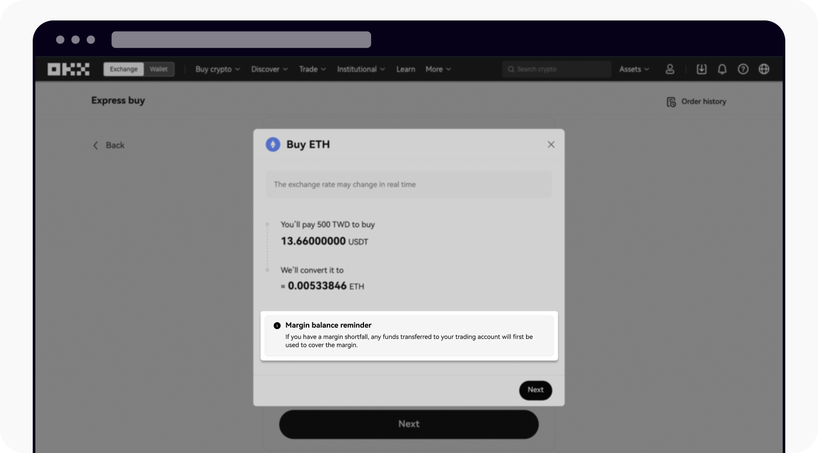 Read the margin balance reminder on OKX web before completing TWD purchase