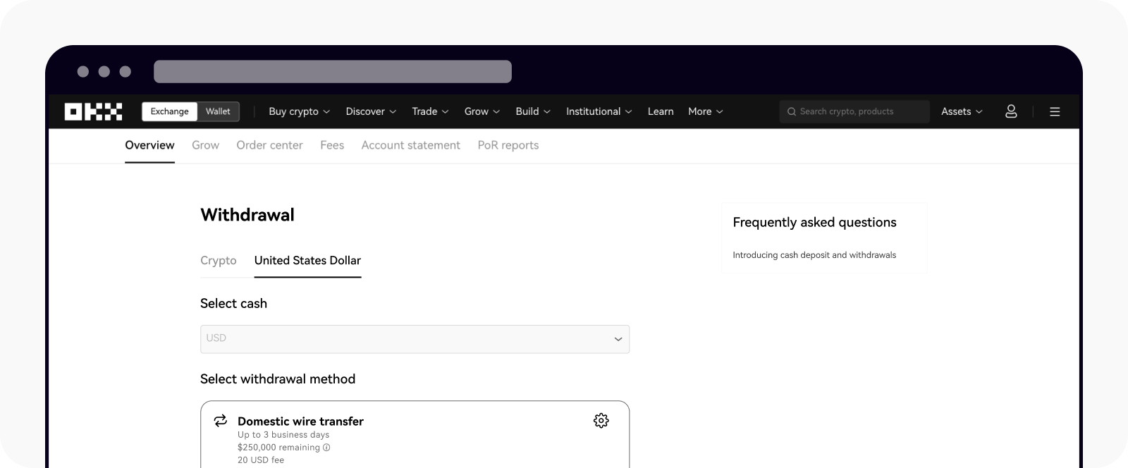 Select United States Dollar to withdraw USD on OKX web