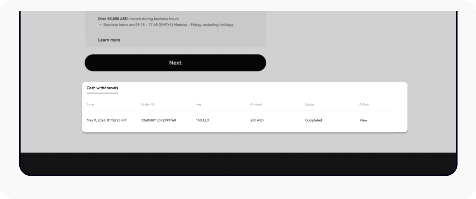 CT-web-cash withdraw-AED wd history