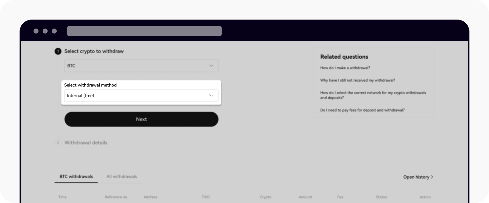 Select internal withdrawal method on OKX web