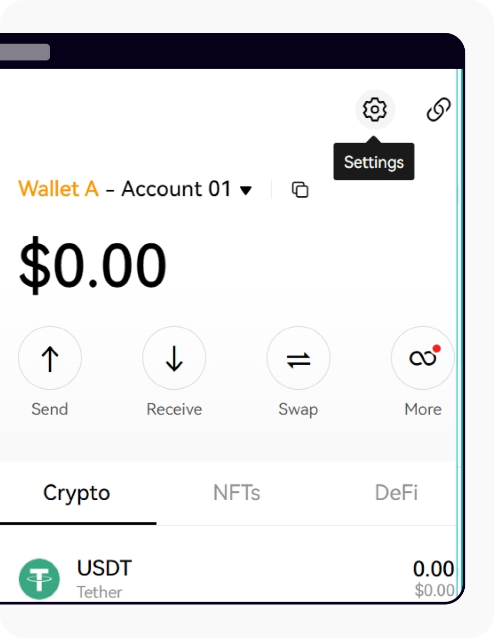 If you already connected an OKX wallet, select settings in the top right corner to add wallet
