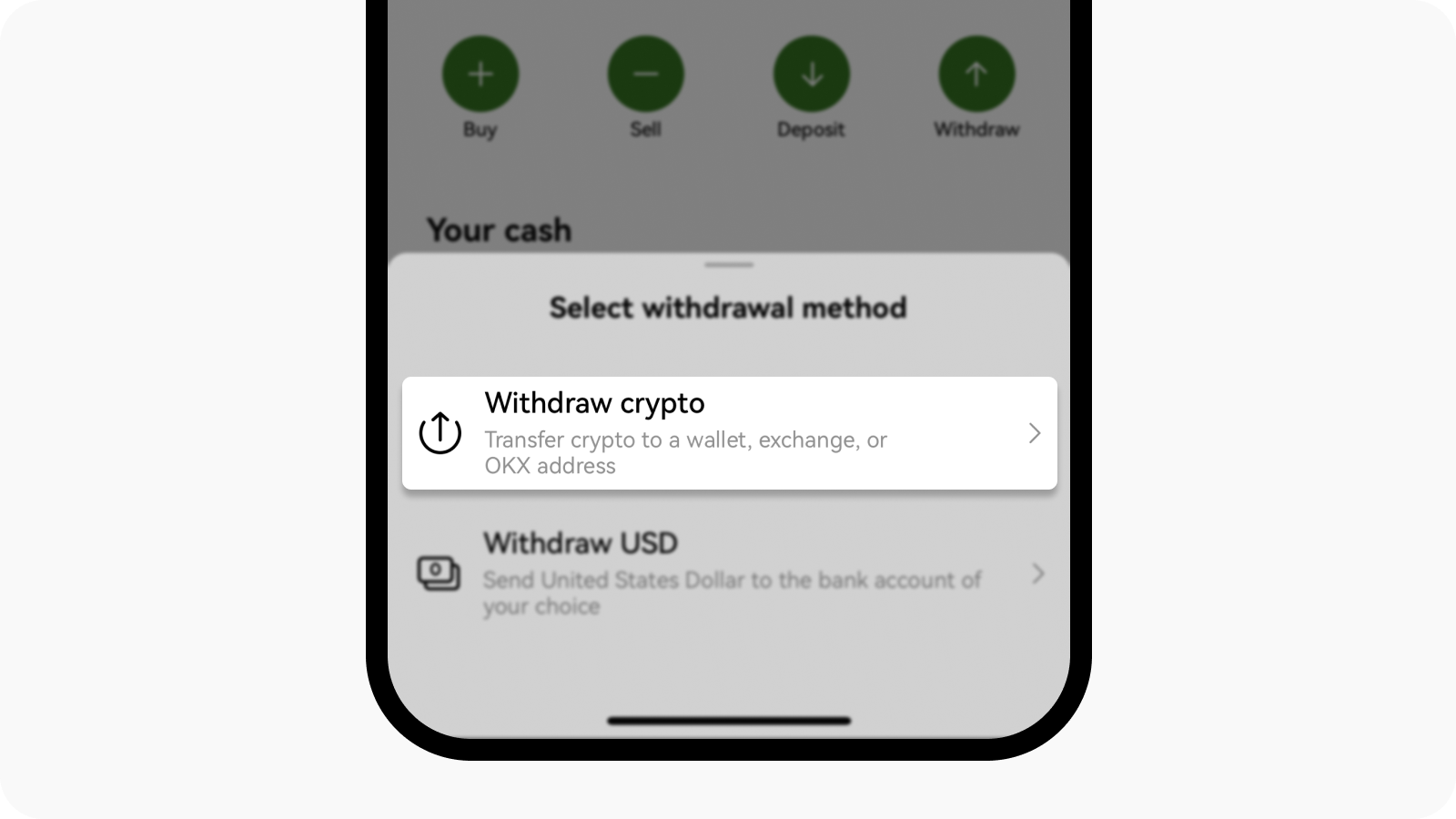 Select on chain withdrawal method on OKX US app