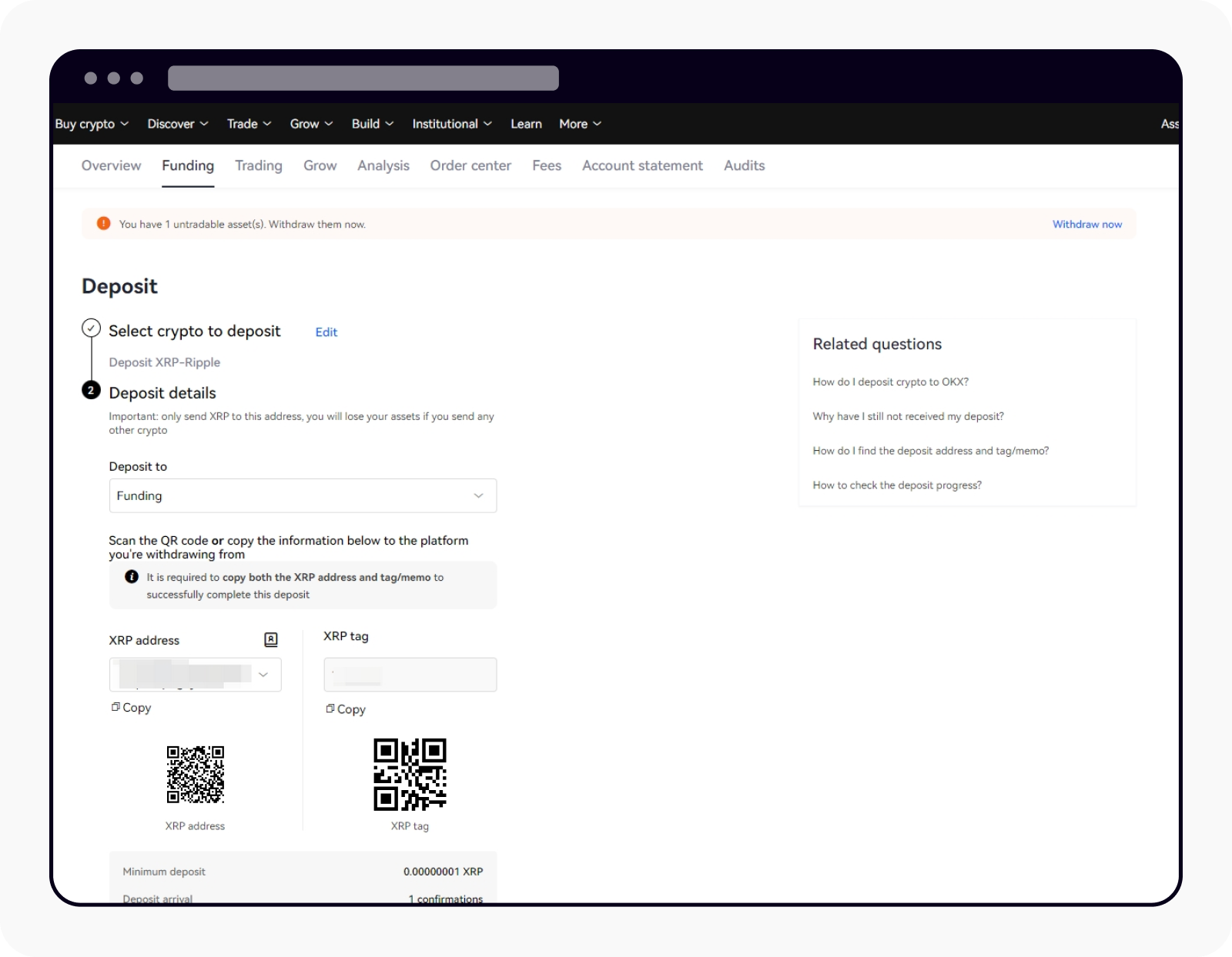 Deposit page with both deposit address and tag