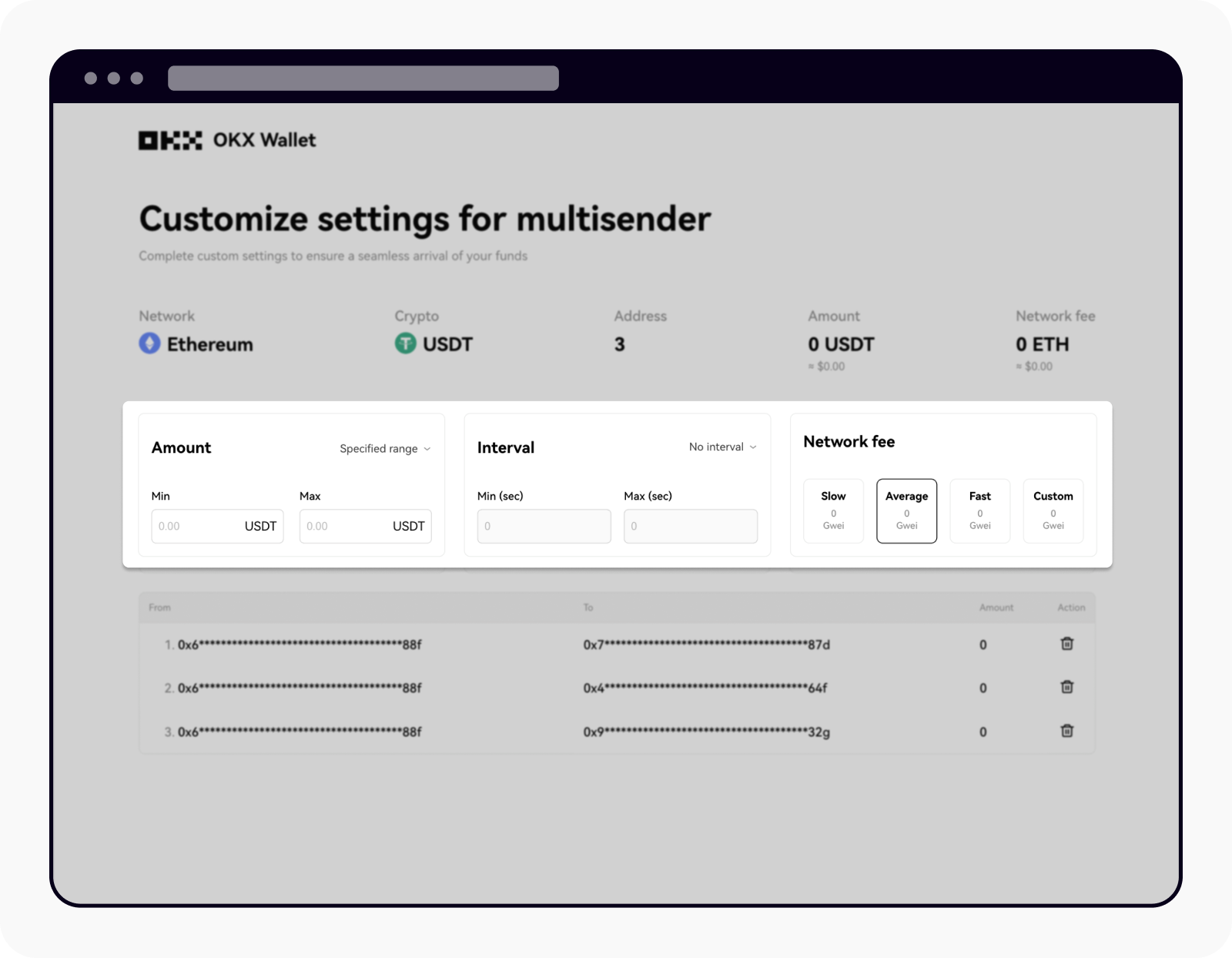 Customize your multisender request details before completing the transactions on OKX wallet web