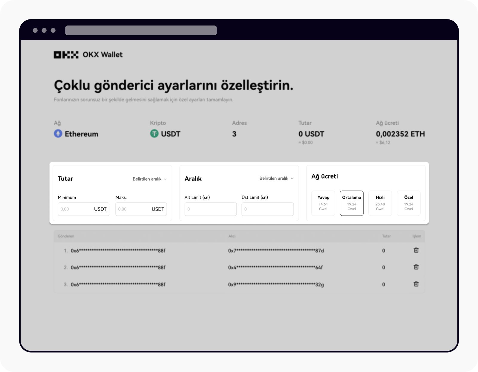 Customize your multisender request details before completing the transactions on OKX wallet web