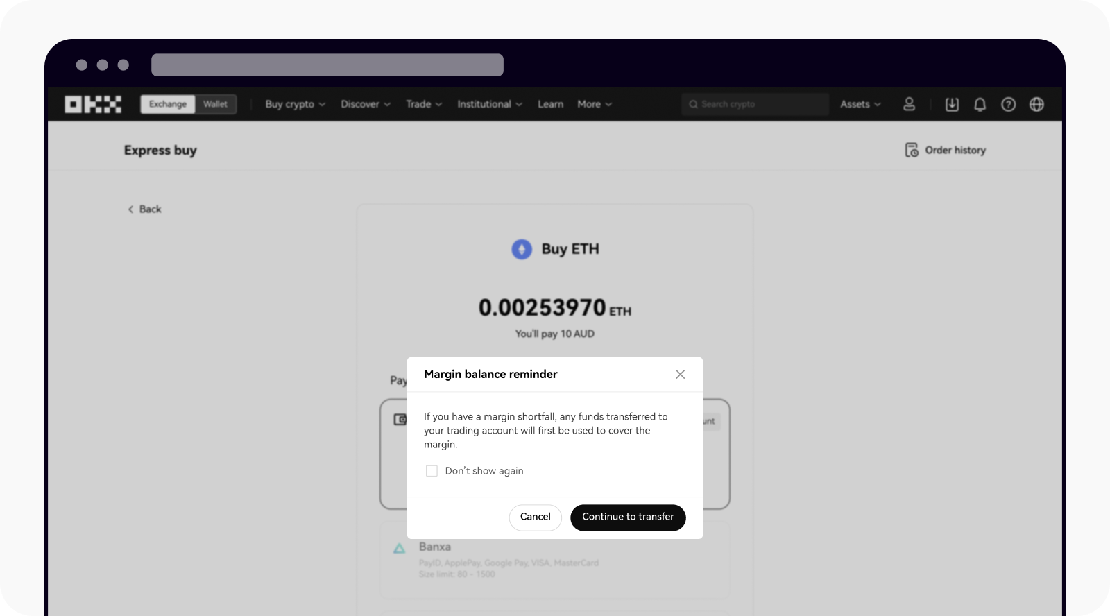 Read margin balance before continue transfer cash balance on OKX web
