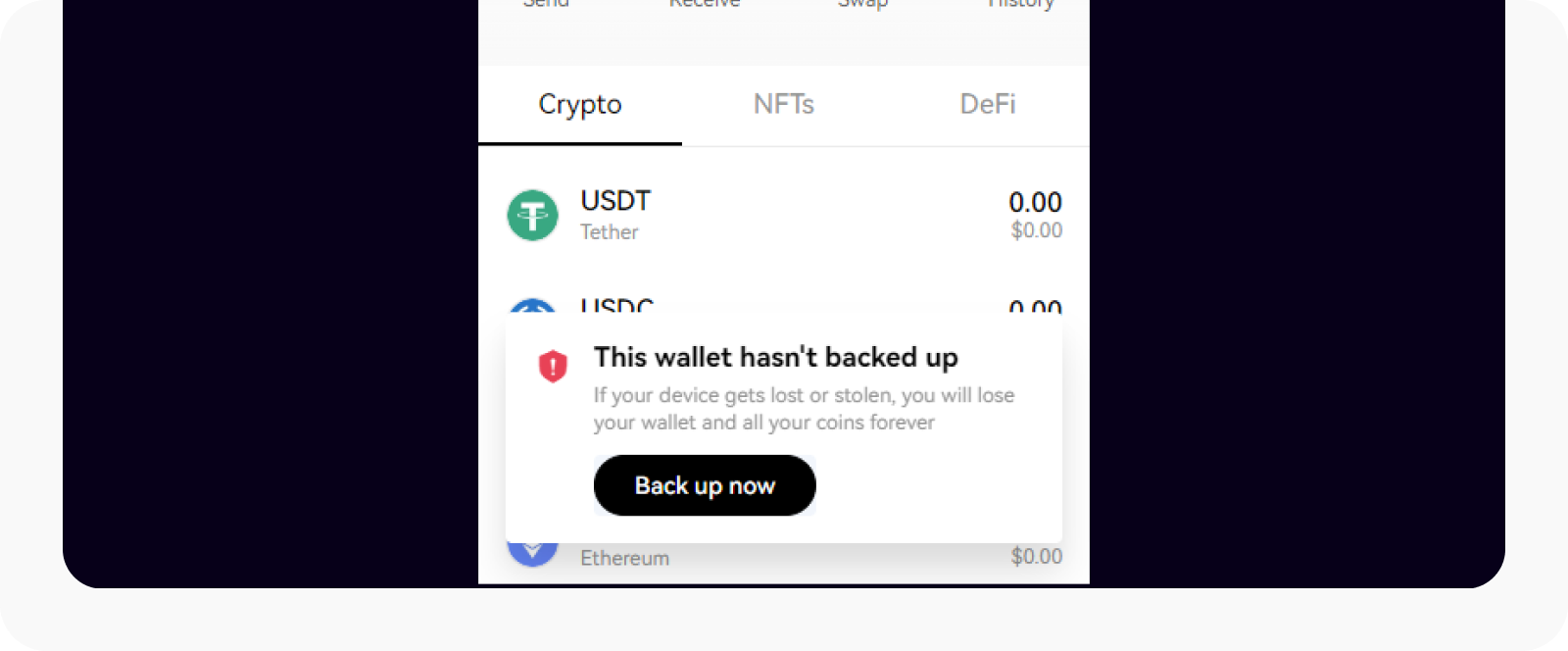 Select Back up now to secure your wallet 