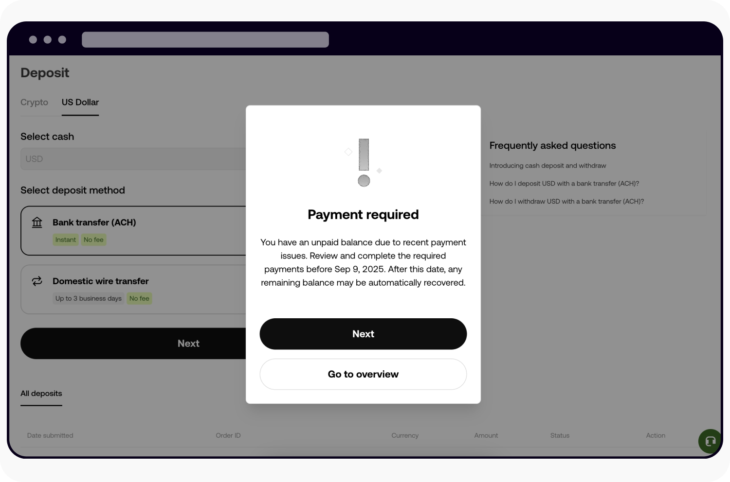 CT-web-cash deposit-ACH return warning