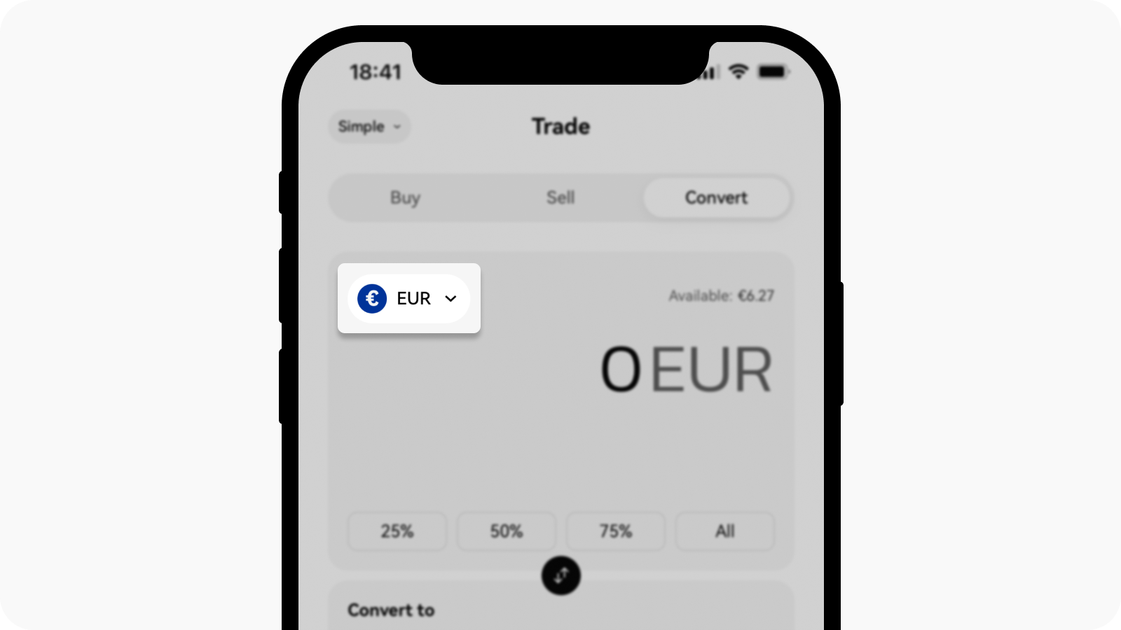 Select crypto or EUR in Convert from field on OKX EEA app