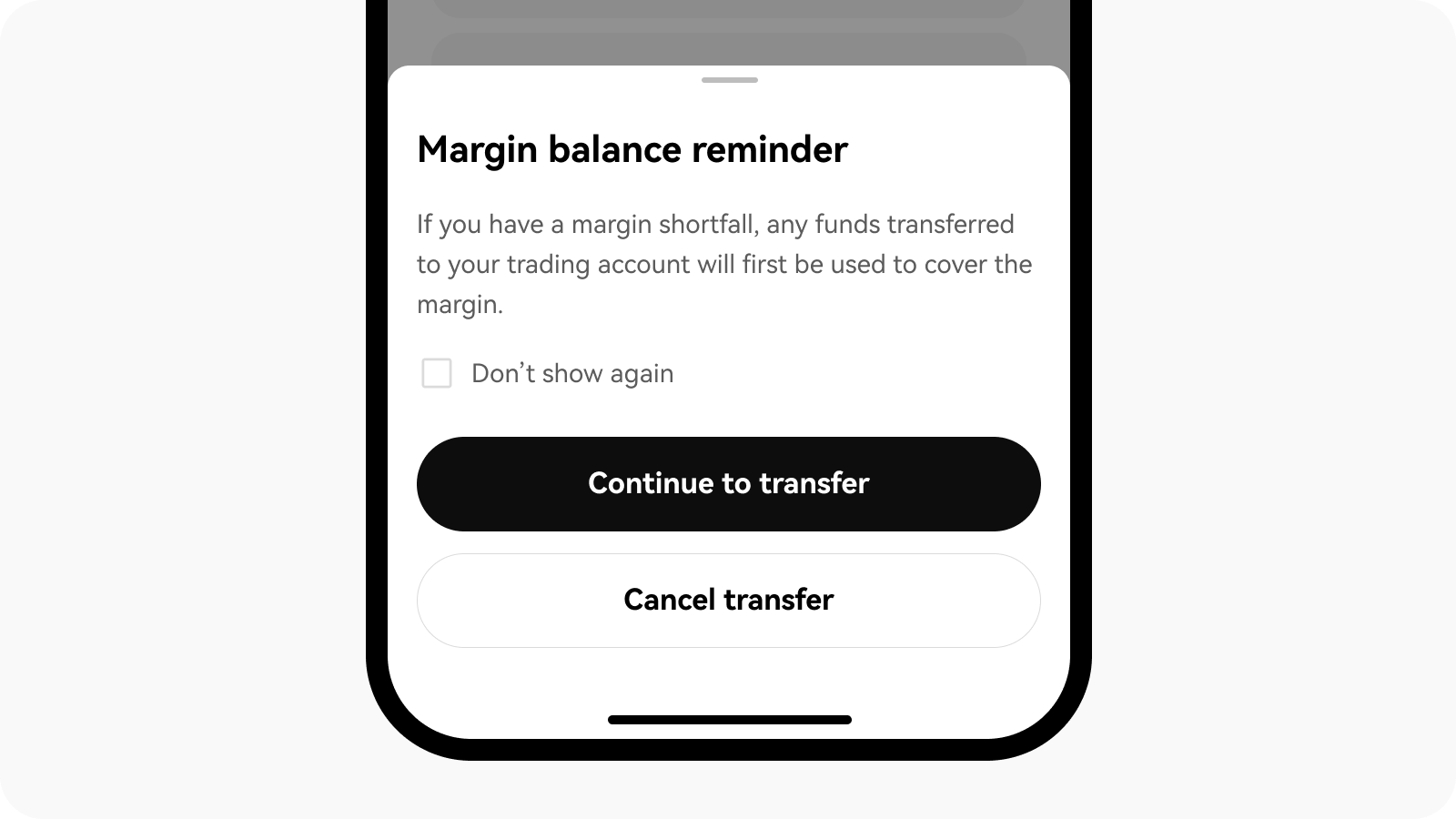 Read the margin balance reminder before transferring cash balance on OKX app