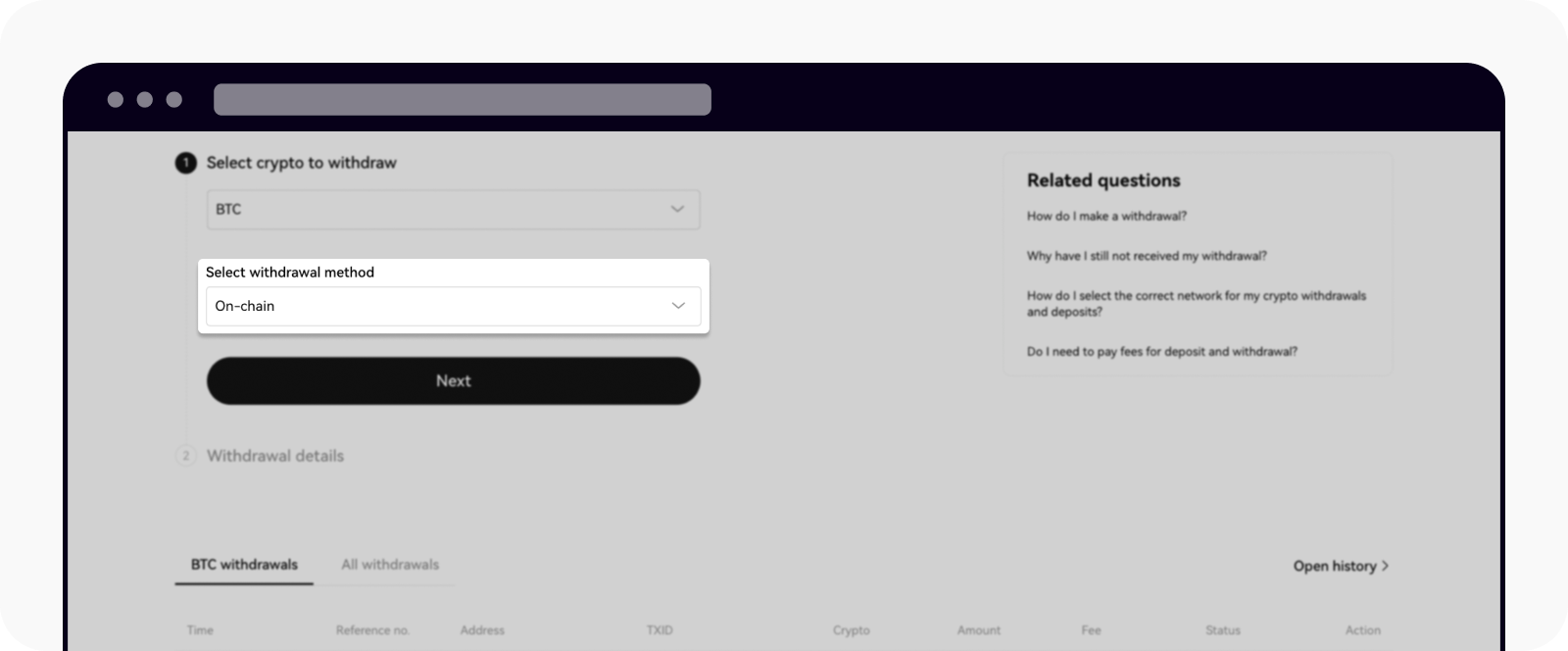 Select on chain withdrawal method on OKX web