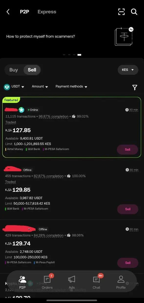 [Screenshot 14: P2P Sell page with buyer list]