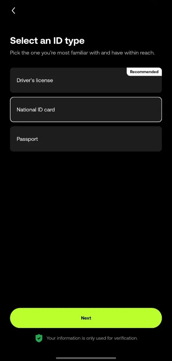 [Screenshot 2: Identity Verification screen with document upload options]