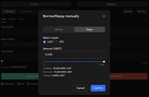 Repay borrow amount manually