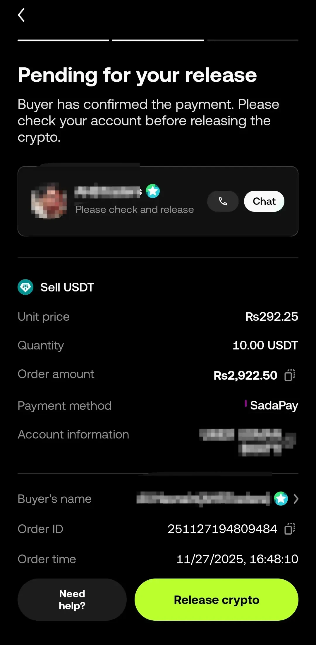 [Screenshot 15: Order page with Release Crypto button]