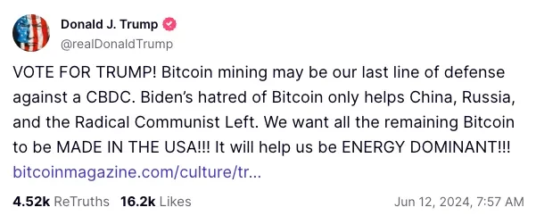 Trump BTC mining post