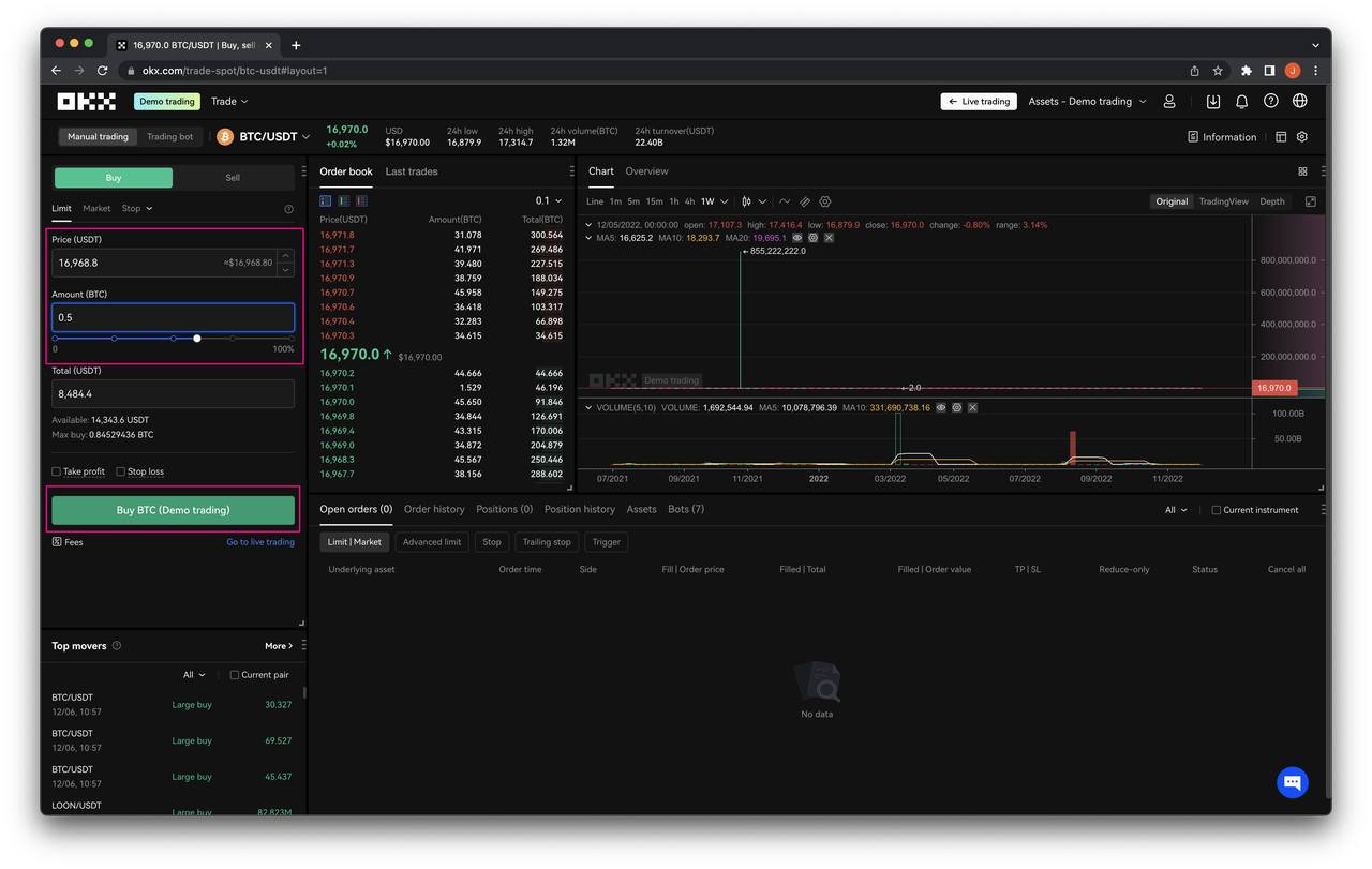 Select demo trading parameters
