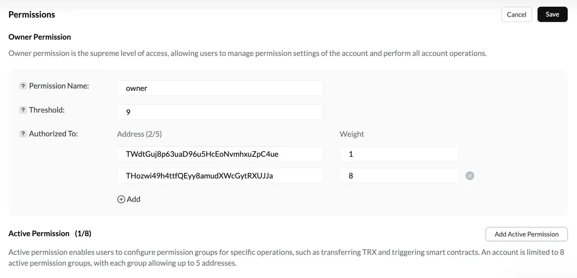 TRON wallets multisignature permissions