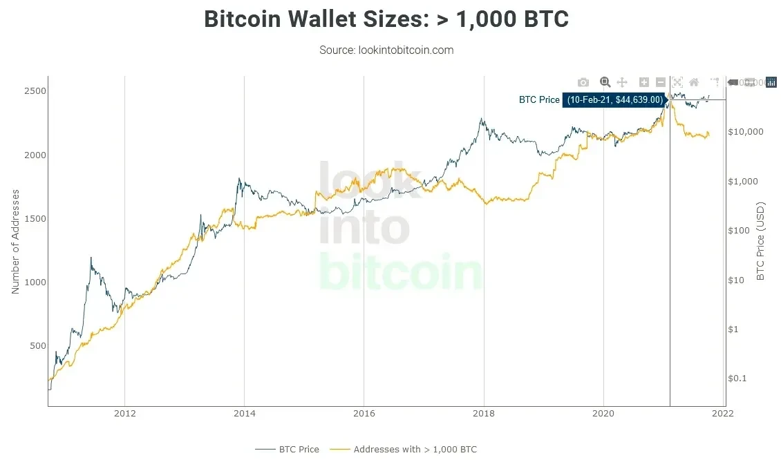 巨鯨Bitcoin Wallet Sizes: > 1,000 BTC