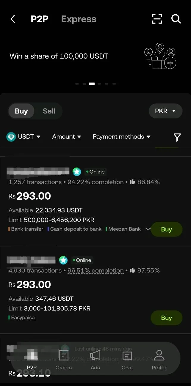 [Screenshot 8: P2P Trading homepage with Buy selected]