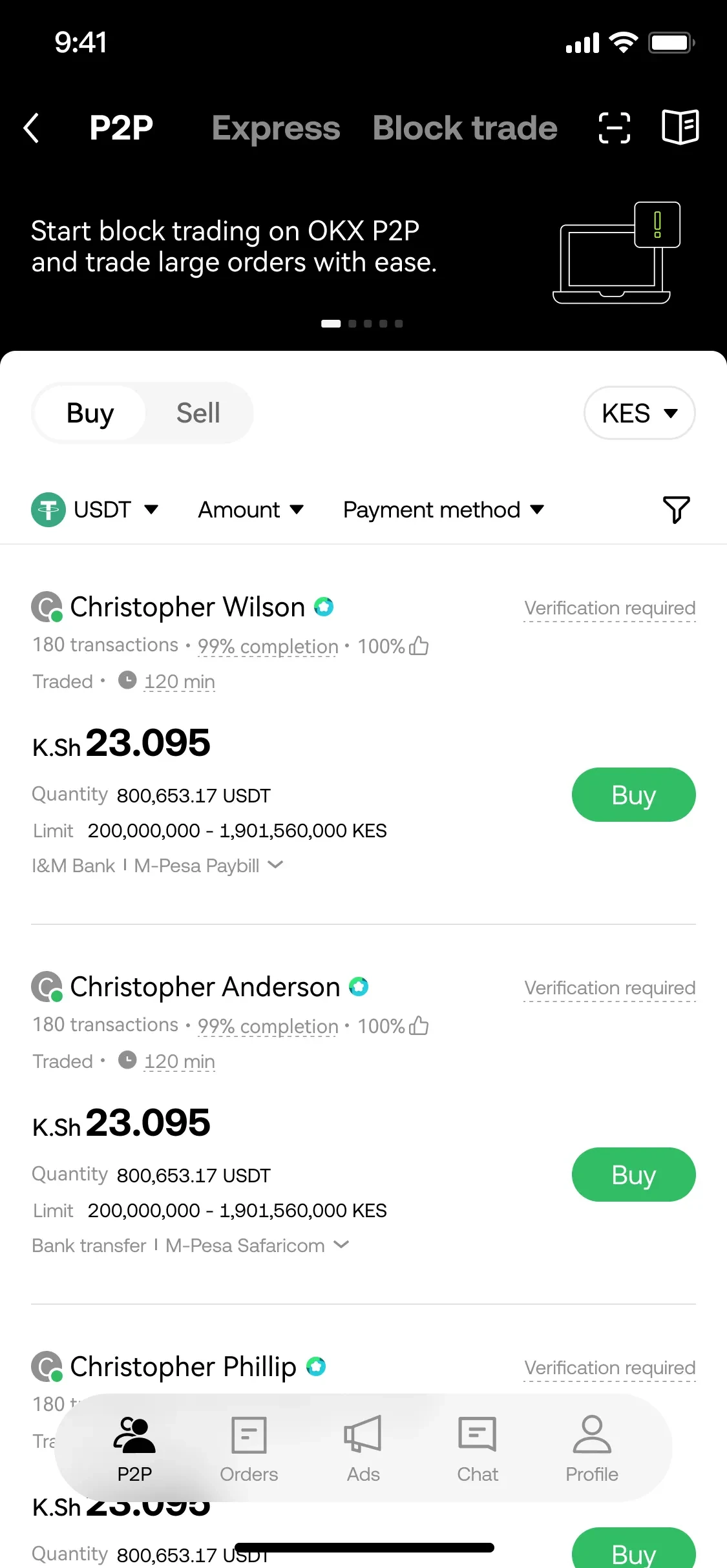 [Screenshot 8: P2P Trading homepage with Buy selected]