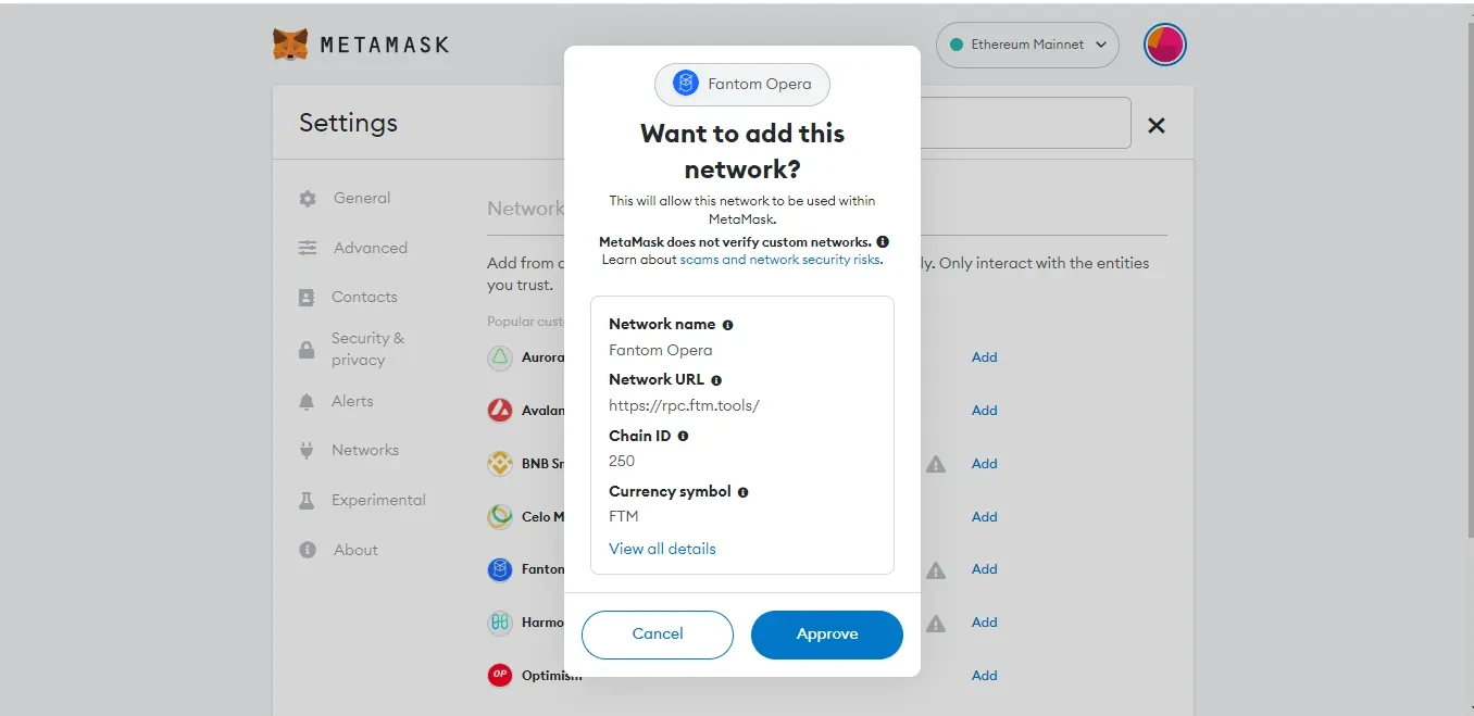 Fantom MetaMask Network