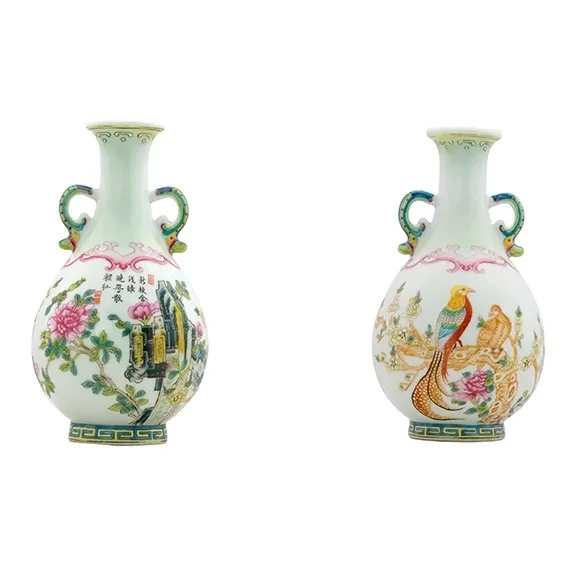 Modern Famille Rose Golden Pheasant Double Earred Vase #1722
