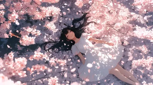 A girl lying down happily on a carpet of cherry petals #4