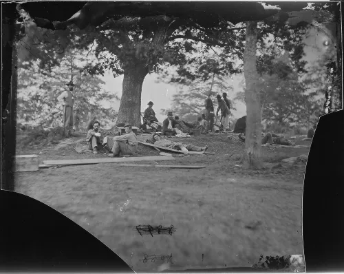 Wounded soldiers under trees, Marye's Heights, Fredericksburg. After the battle of Spotsylvania, 1864 #1153