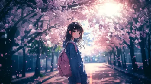 A girl looking back in the middle of walking along the rows of cherry trees #2