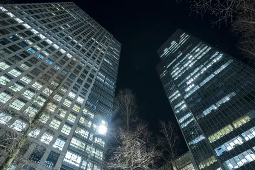 Bottom view of skyscrapers between Upper Bank Street and Bank Street #7