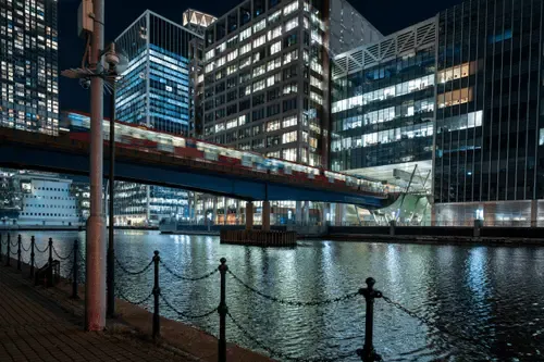 View of South Dock with Heron Quays Bridge and DLR stop #1