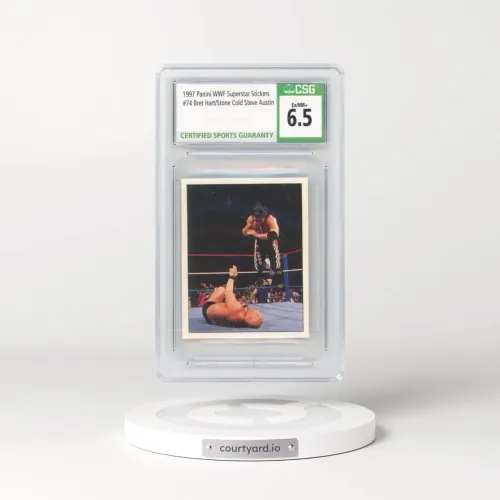 1997 Panini WWF Superstar Stickers #74 Bret Hart/Stone Cold Steve Austin (CSG 6.5 EX-NM+)
