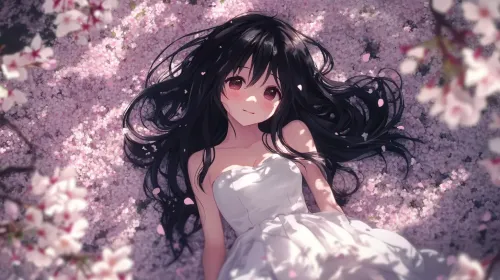 A woman in wedding dress gazing happily at her partner from a carpet of cherry petals #5