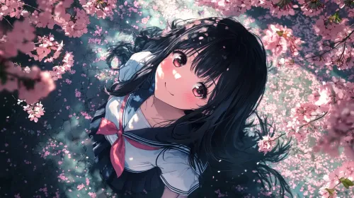 A girl in a sailor suit happily looking up at cherry blossoms #3