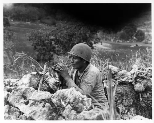 Pfc Carl Gorman of Chinle, Arizona, an Indian Marine who Manned an Observation Post on a Hill Overlooking the City of Garapan, while the Marines were Consolidating their Positions on the Island of Saipan, Marianas, 1944 ＃548