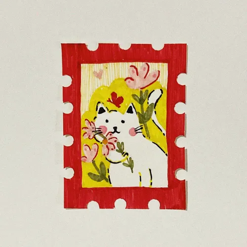 White Cat with Blossoms